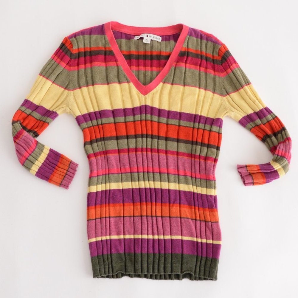 VTG Y2K Tommy Hilfiger Multicolor Striped V-Neck Sweater